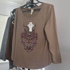 Chico's Tan Blouse with Purple Embroidery
